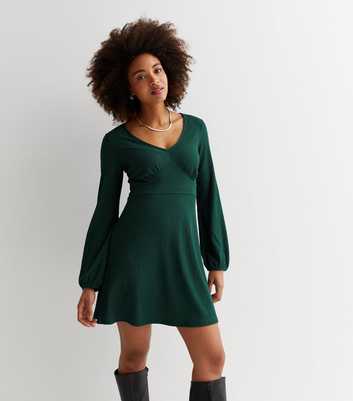 Dark Green Crinkle Jersey Long Sleeve Mini Dress