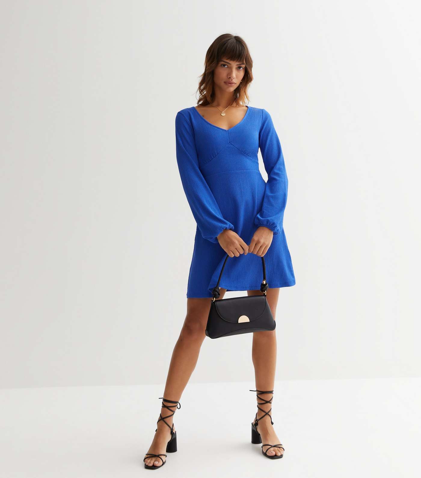 Bright Blue Crinkle Jersey Long Sleeve Mini Dress Image 3