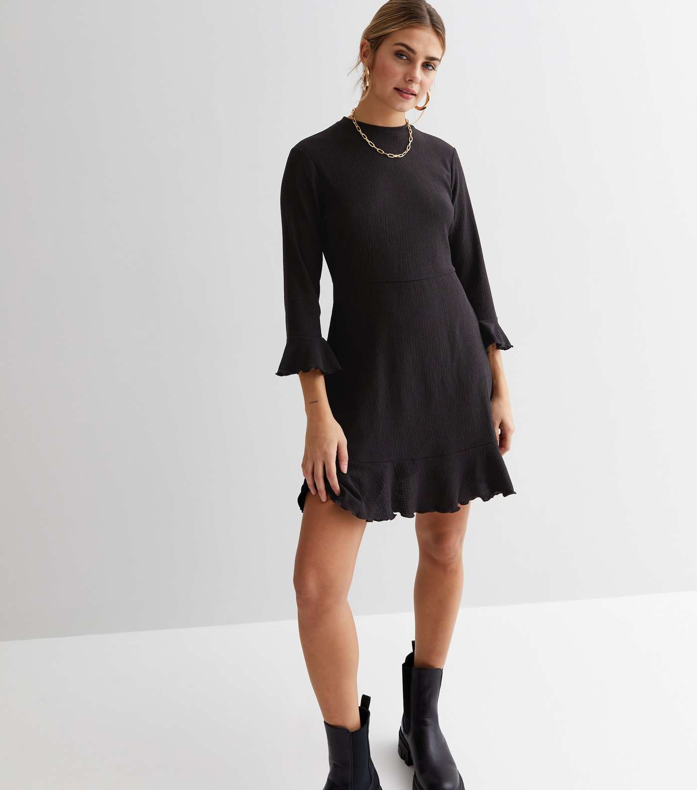 Black Crinkle Jersey 3/4 Frill Sleeve Mini Dress