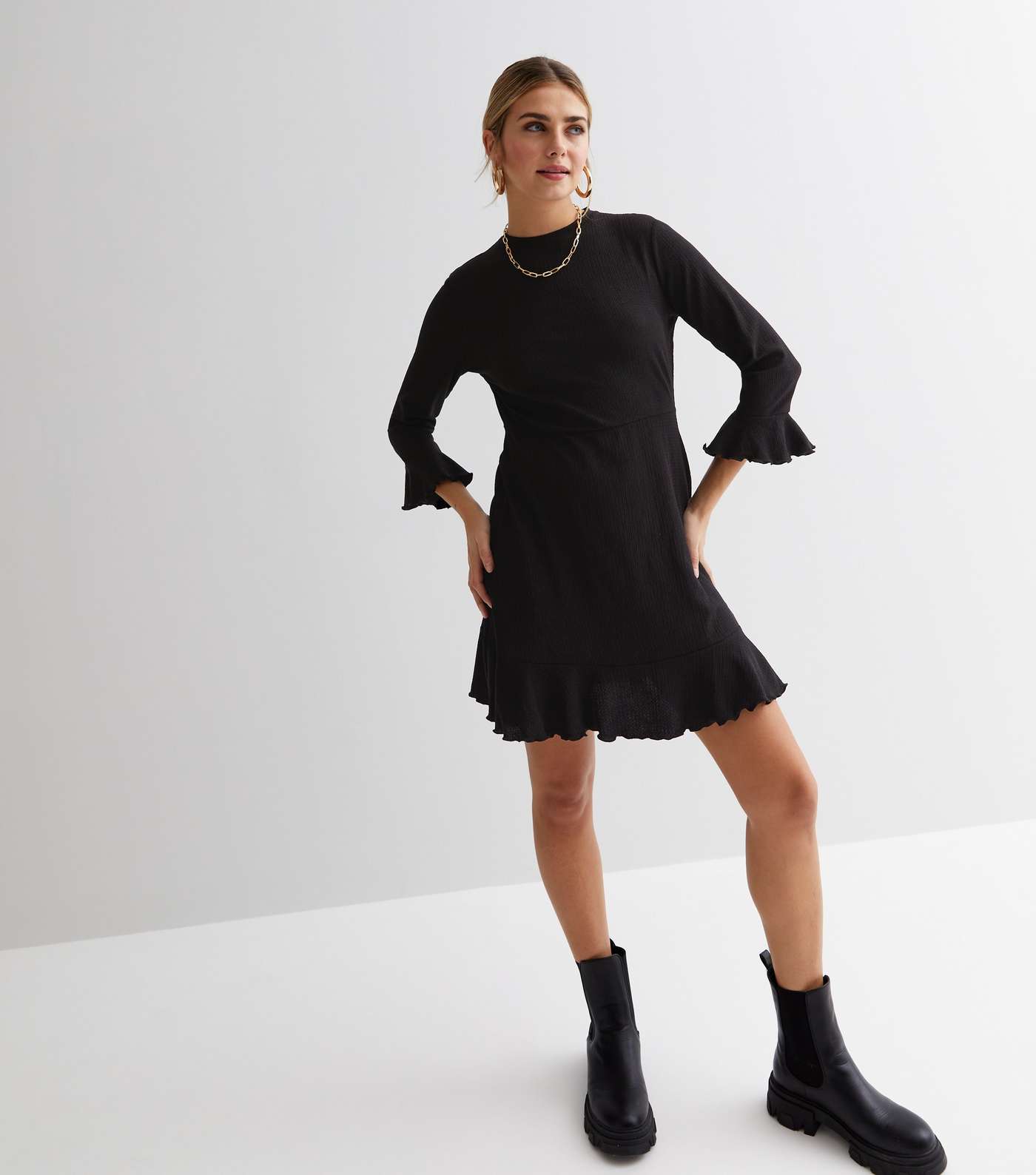 Black Crinkle Jersey 3/4 Frill Sleeve Mini Dress Image 3