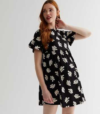 Maternity Black Leaf Print Jersey Frill Mini Dress