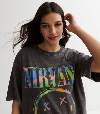 Dark Grey Acid Wash Nirvana Logo Oversized T-Shirt | New Look