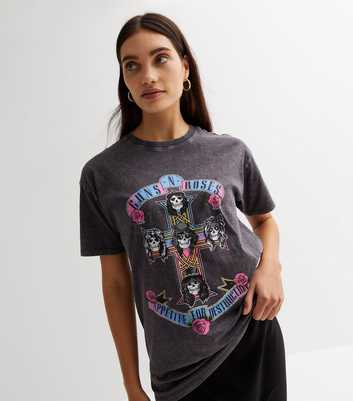 Dark Grey Guns N Roses Acid Wash Oversized T-Shirt