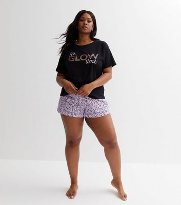 Curves Black Glow Time T Shirt and Short Pyjama Set with Animal