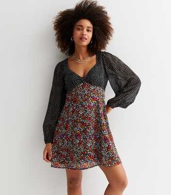 Black Spot Floral Chiffon Mini Dress