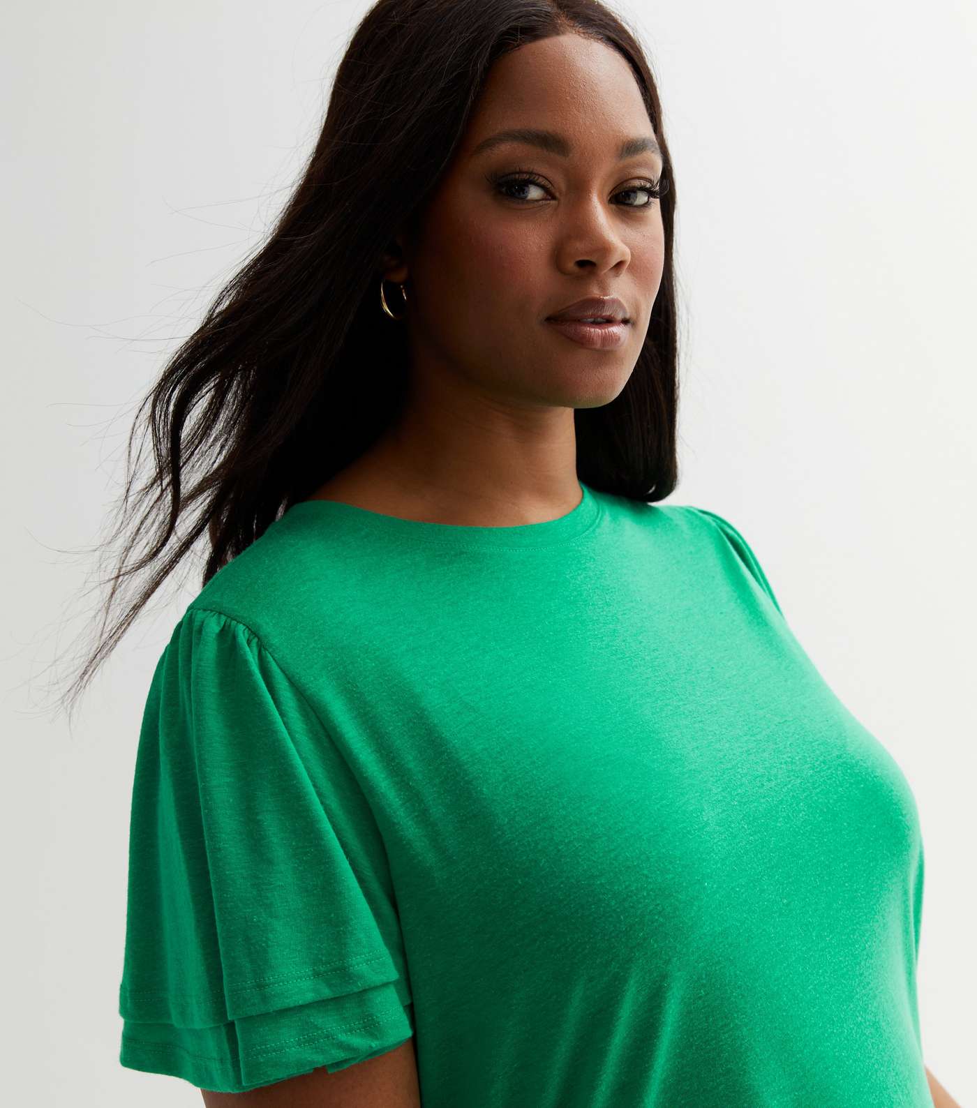 Curves Green Jersey Flutter Sleeve Long T-Shirt Image 3