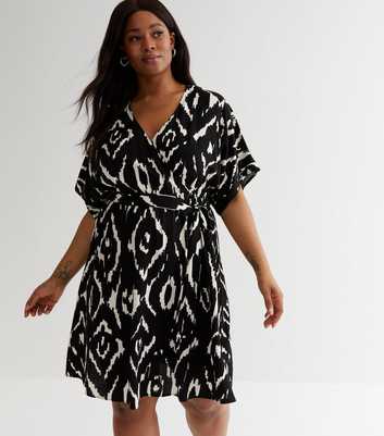Curves Black Abstract Belted Mini Wrap Dress