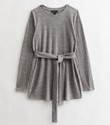 Maternity Grey Ribbed Knit Long Sleeve Belted Top New Look