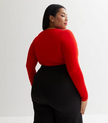 Curves Red Jersey V Neck Long Sleeve Bodysuit New Look