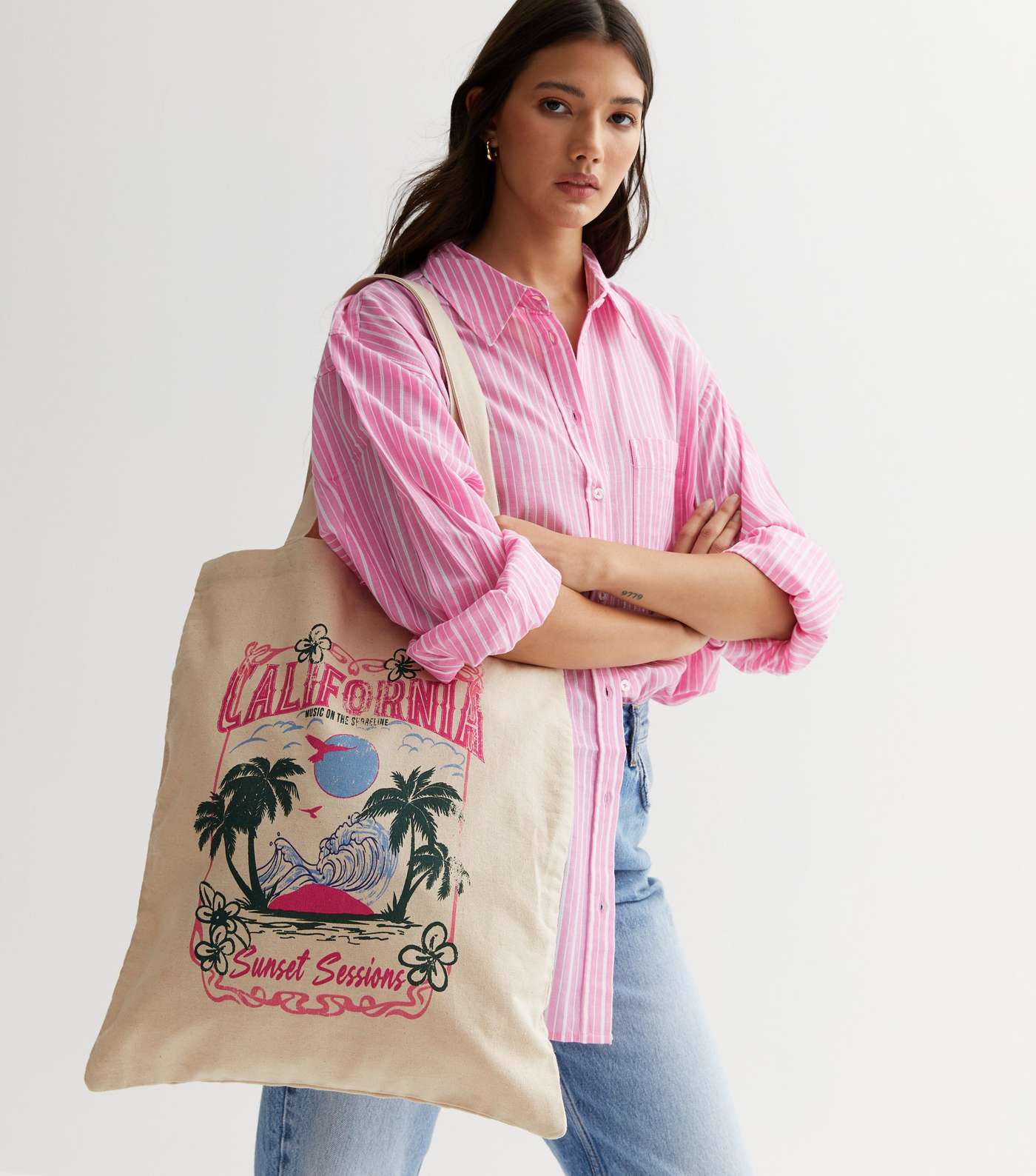Cream California Beach Logo Canvas Tote Bag Image 2