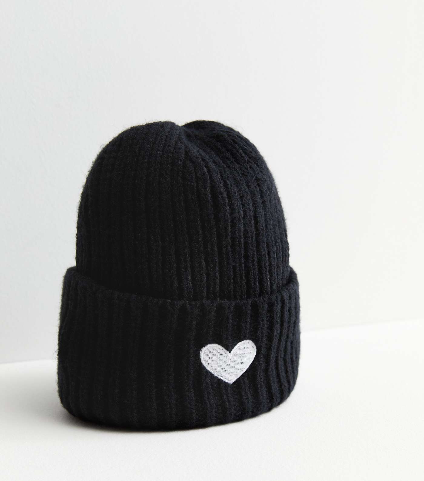 Black Embroidered Heart Chunky Knit Beanie Image 2