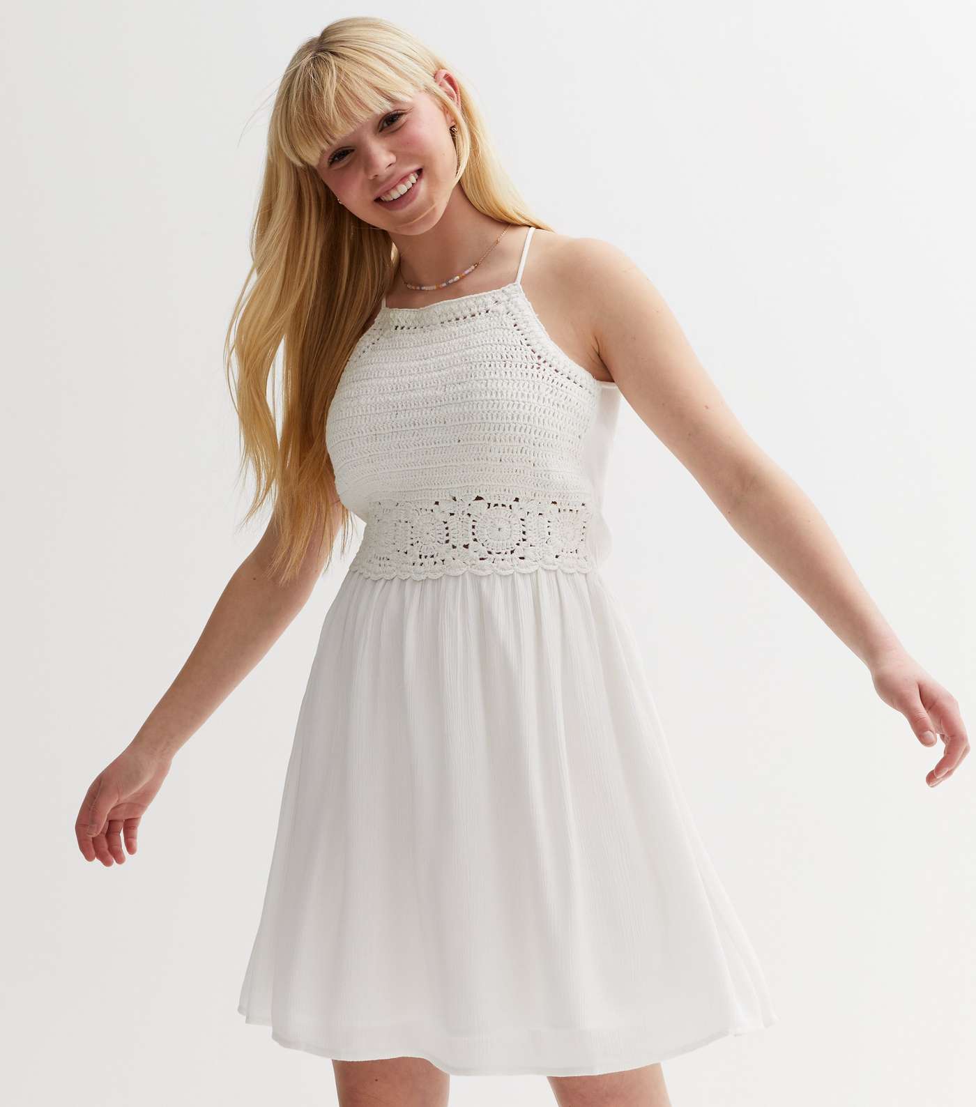 Girls White Crochet Mini Beach Dress