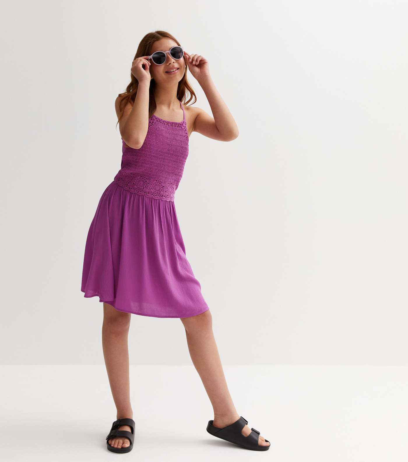 Girls Purple Crochet Mini Beach Dress Image 2