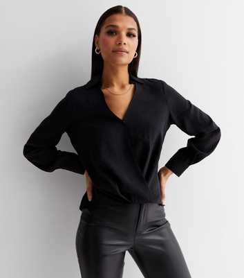 Black Collared Wrap Front Blouse