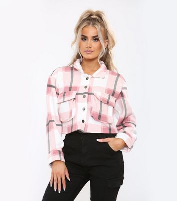 JUSTYOUROUTFIT Pink Check Double Pocket Crop Shacket
