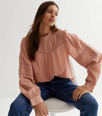 Pale Pink Lace Frill High Neck Blouse New Look