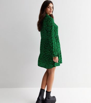 Green Animal Print Collared Long Frill Sleeve Mini Shirt Dress