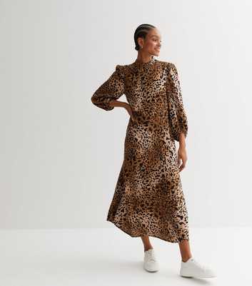 Brown Animal Print High Neck Long Sleeve Midi Dress