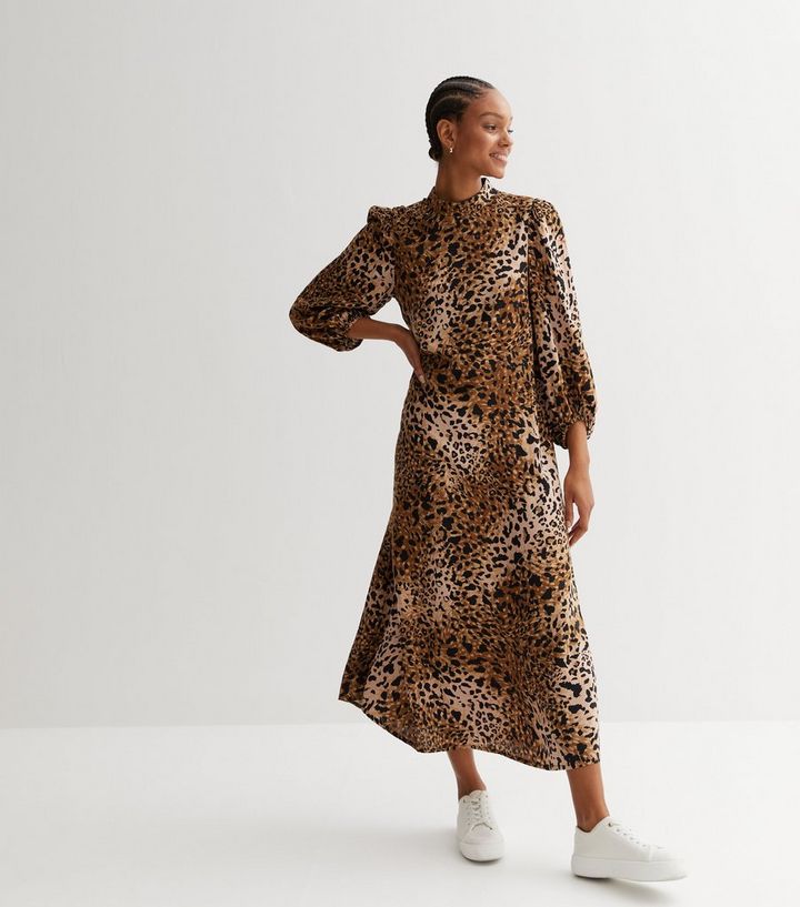 Brown Animal Print High Neck Long Sleeve Midi Dress | New Look