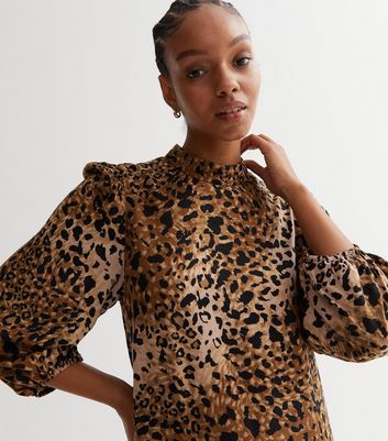 long sleeve high neck leopard print dress