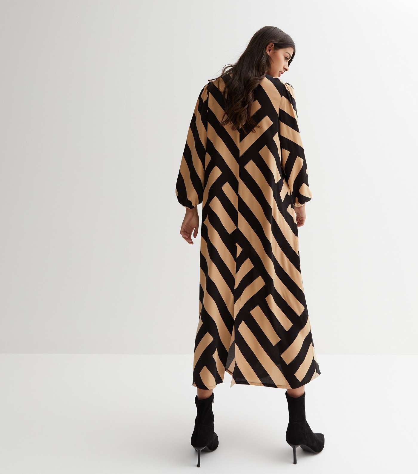 Brown Stripe High Neck Long Puff Sleeve Midi Dress Image 4