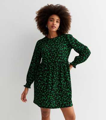 Green Ditsy Floral Crinkle Jersey Long Sleeve Mini Smock Dress