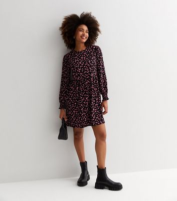 Pink Ditsy Floral Jersey Mini Smock Dress | New Look