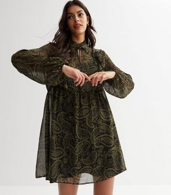 Green Paisley Chiffon Frill Tie High Neck Mini Dress New Look