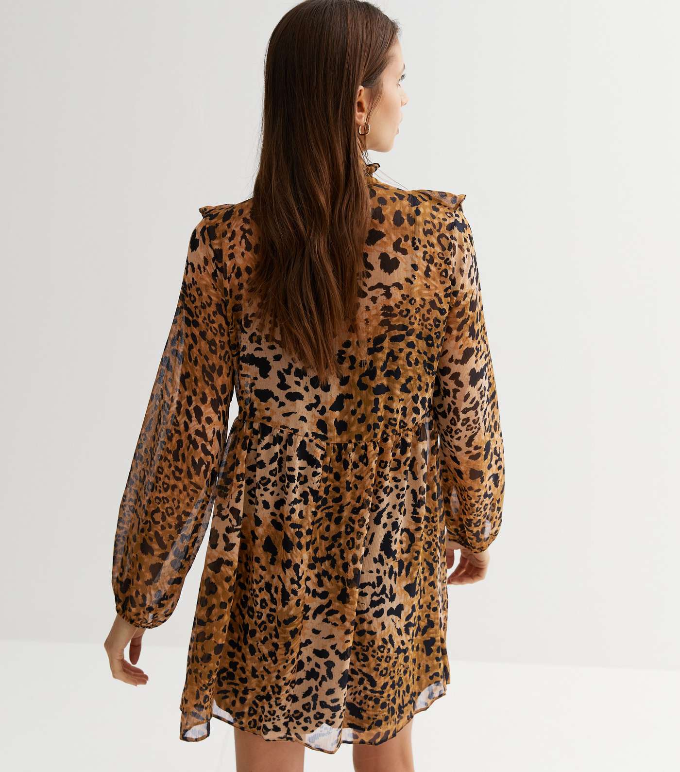 Brown Leopard Print Chiffon Tie Neck Mini Dress Image 4