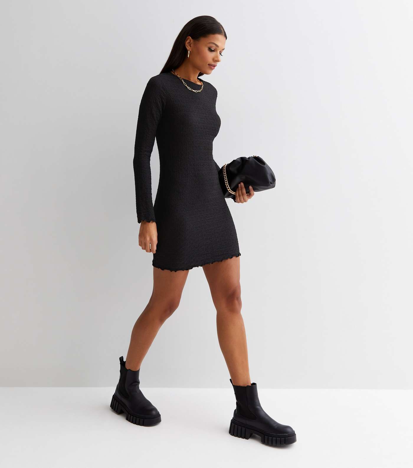 Black Crinkle Jersey Long Sleeve Frill Hem Mini Dress Image 3