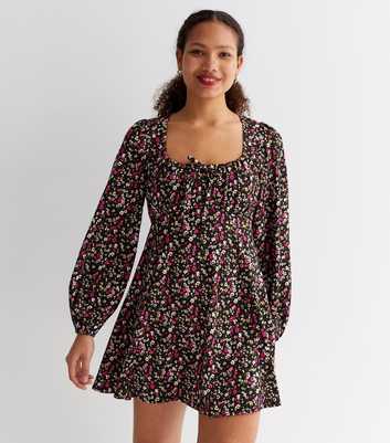 Black Floral Crinkle Jersey Tie Front Mini Dress