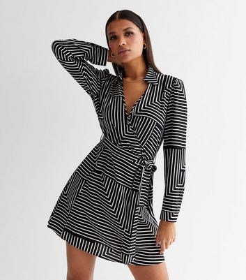 Black Stripe Collared Puff Sleeve Pocketed Mini Dress