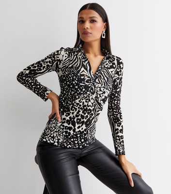 Black Animal Print Jersey Ruched Collared Top