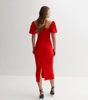 Red Sweetheart Notch Neck Short Sleeve Midi Bodycon Dress New Look