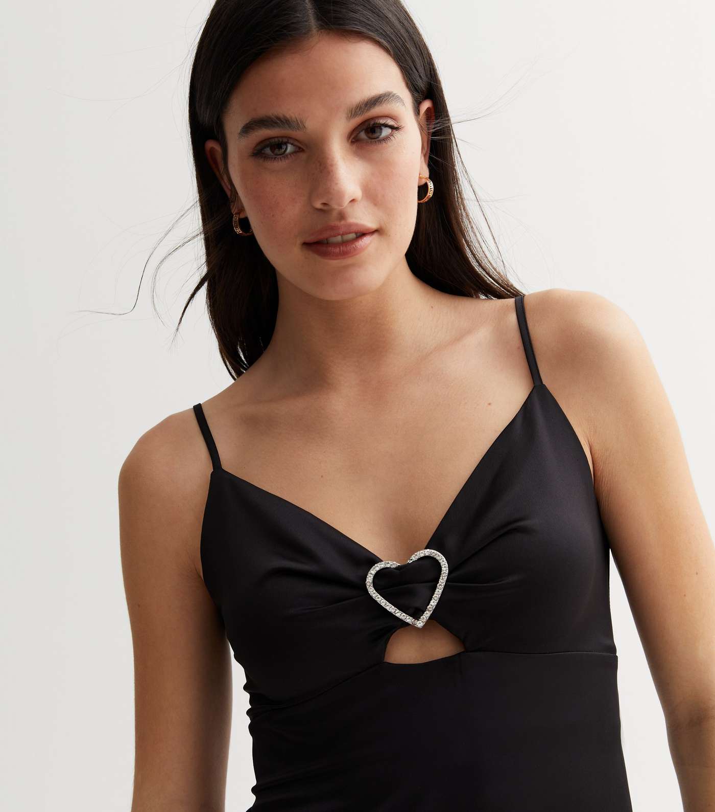 Black Satin Strappy Diamanté Heart Cut Out Mini Dress Image 3