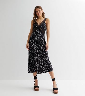 Black Spot Strappy Lace Trim Midi Slip Dress New Look