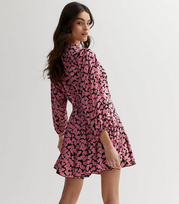 Pink Heart Print Long Puff Sleeve Mini Dress New Look