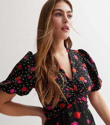 Floral black midi dress sale