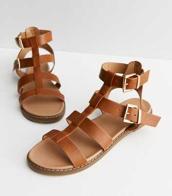Tan Leather-Look Gladiator Footbed Sandals