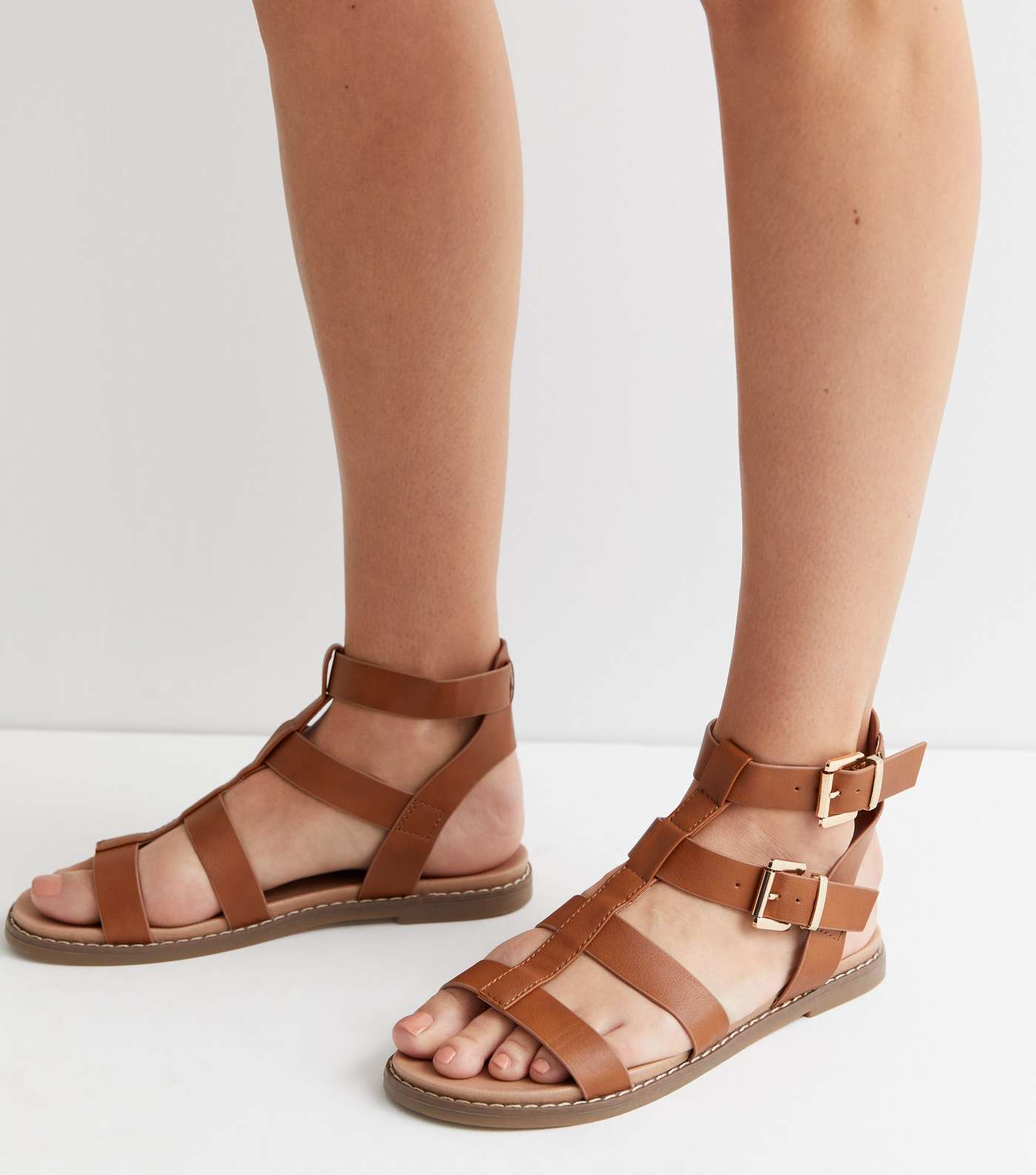 Tan Leather-Look Gladiator Footbed Sandals Image 2