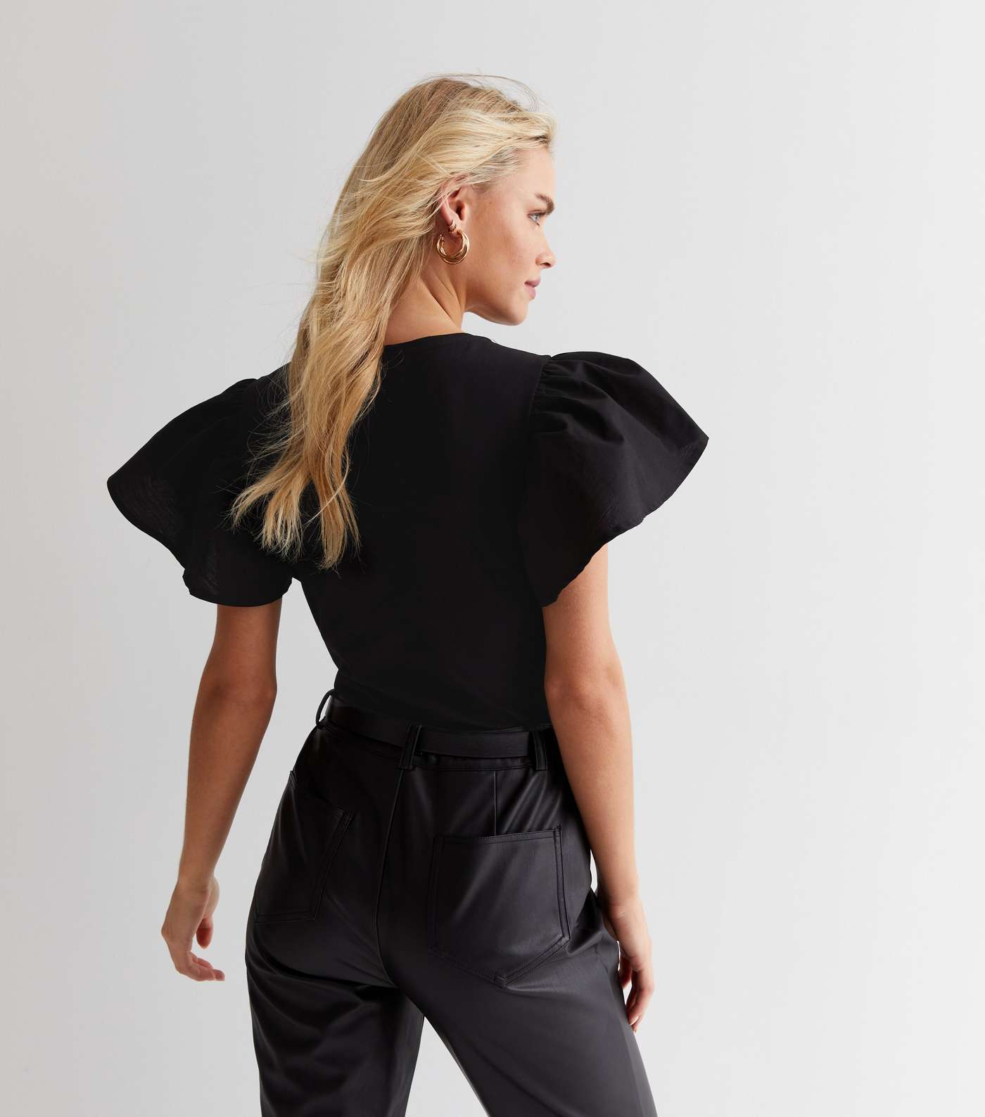 Petite Black Poplin Frill Sleeve Bodysuit Image 4