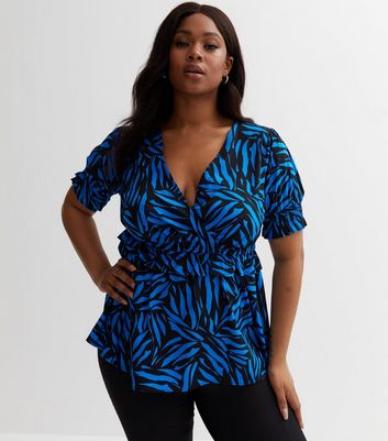 Curves Bright Blue Mark Making Frill Wrap Top