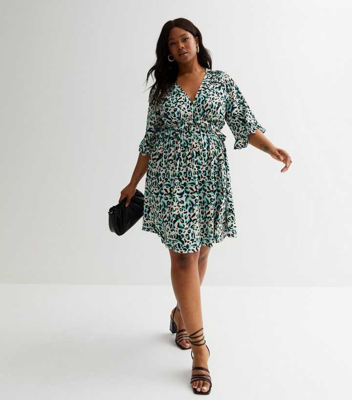 Curves White Animal Print Frill Mini Dress