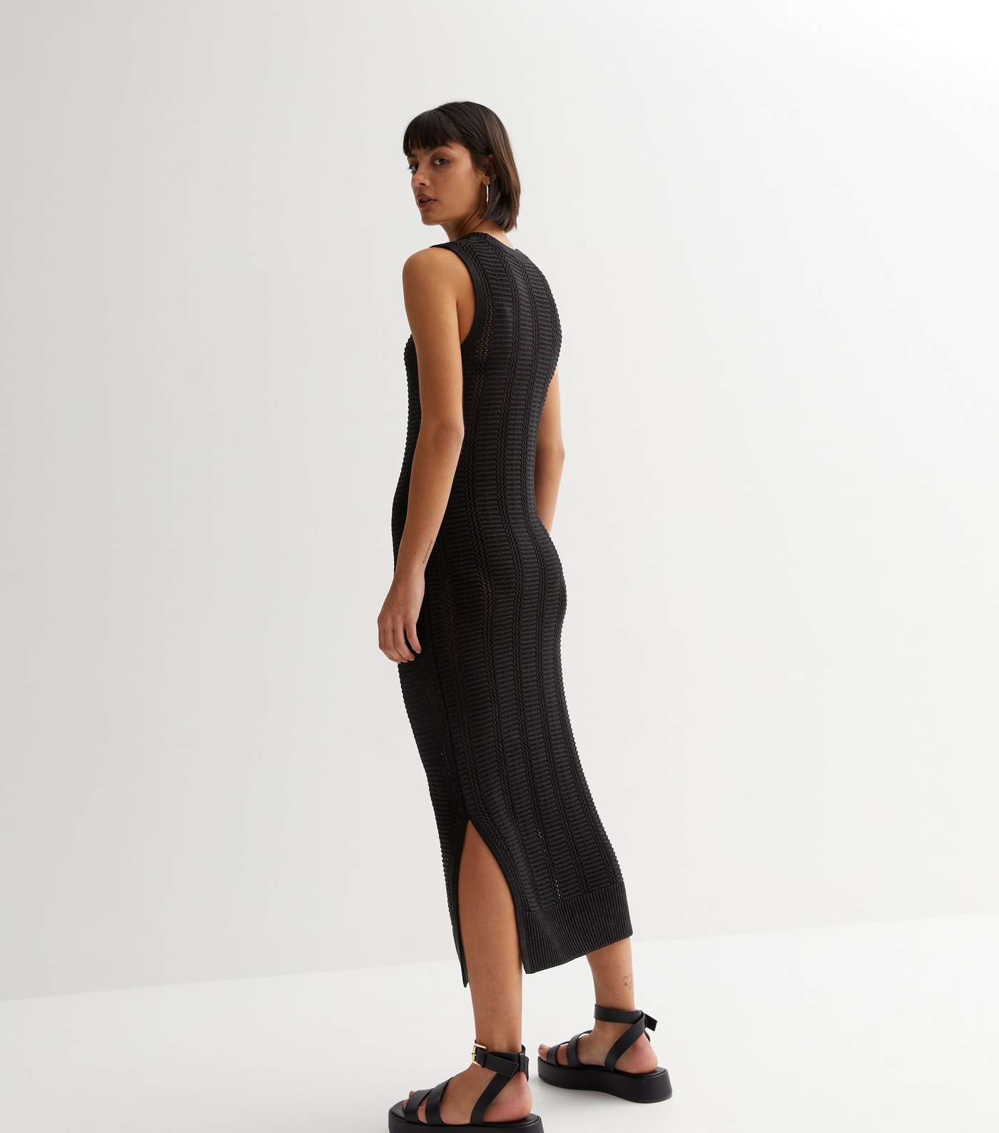 Black Knit Split Hem Bodycon Maxi Dress Image 4