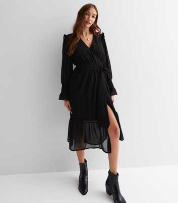 Influence Black Chiffon Long Sleeve Frill Midi Wrap Dress
