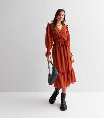 Influence Rust Chiffon Long Sleeve Frill Midi Wrap Dress