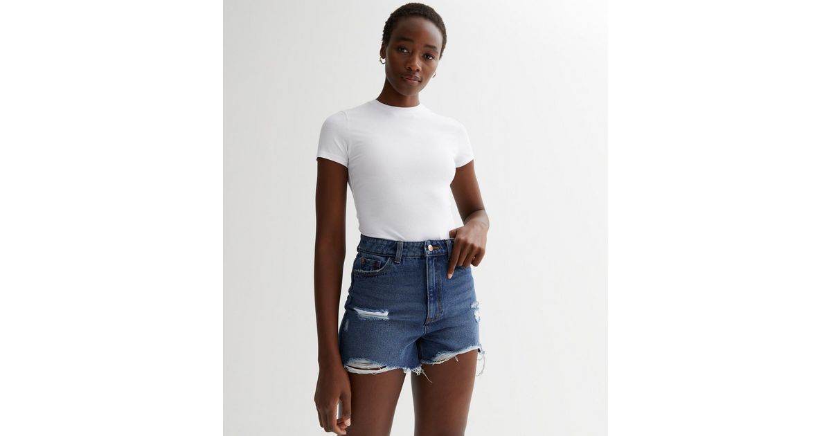 Tall Blue Denim Extreme Ripped Mom Shorts | New Look