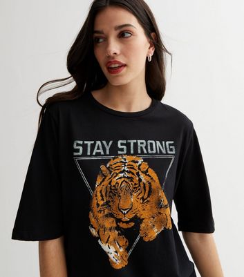 Noisy May Curves Black Tiger Print Stay Strong Logo T-Shirt