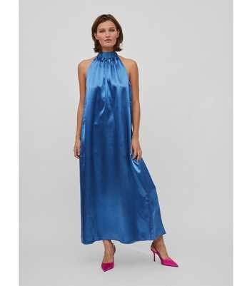 VILA Bright Blue Satin Halter Neck Maxi Dress