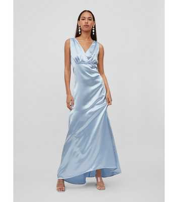 VILA Pale Blue Satin Sleeveless Open Back Maxi Dress